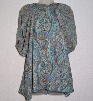 Entro Blouse Puff Sleeve Women Sz Large Multi Sheer Paisley Flowy Loose